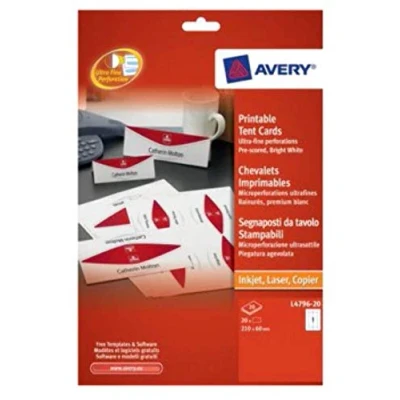Image of Avery L4796 20 Printable Place/Tent Cards, 1 Card Per A4 Sheet, White
