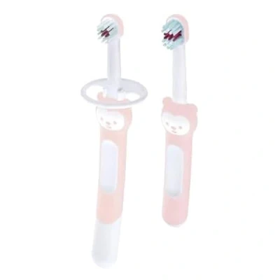 Image of MAM Learn to Brush Set, Two Baby Toothbrushes With Safety Shields, Ideal for Teaching Dental Hygiene Infants, Training Toothbrush, Pink