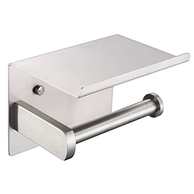 Image of HomeHeng Toilet Paper Roll Holder with Shelf,SUS304 Stainless Steel,Brushed Modern Tissue Holder,Self Adhesive and Wall Mounted,Bathroom Kitchen Accessories F928 03D