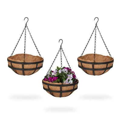Image of Relaxdays Hanging Basket, Set of 3, Hook, Coconut Fibre Liner, H x D: 50 31 cm, Metal, Brown/Black, Iron