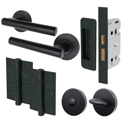 Image of EAI Black Bathroom Door Handle Set Round T Bar Internal Handles, Thumb Turn &amp; Release Set, Lock (80mm case) Hinges (76mm) Matt Oliena Range