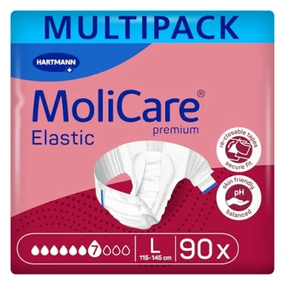 Image of MoliCare Premium Elastic Unisex Disposable Slip: Discreet Use for Woman and Men with Incontinence; 7 Drops, Size L, 3 Packs of 30 (90 Pieces)