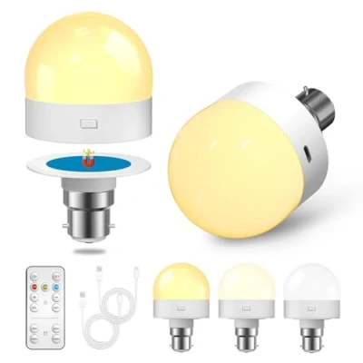 Image of Lamptobe B22 Rechargeable Light Bulb,1.5W LED Dimmable Night with Remote Control, 3 Color Temperatures, Bayonet Detachable Cordless Bulb for Non Hardwired Lamps, 2 Pack