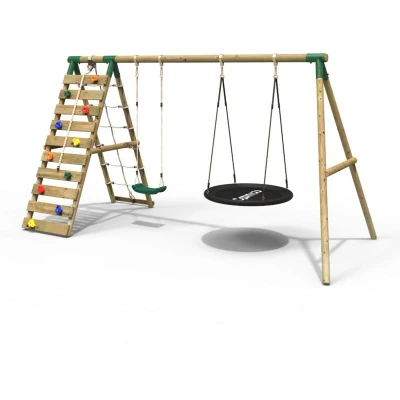 Image of Rebo® Wooden Swing Set with Up and Over Climbing Wall Vale Green OutdoorToys Nest Swing, Rocks, Sturdy Construction, Pressure Treated Timber