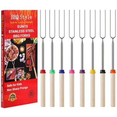 Image of 8 PCS Marshmallow Toasting Forks, Smores Sticks for Fire Pit, Telescoping Roasting Barbecue Forks Hotdog Hot Dog Bonfire BBQ Skewers Open Pits Campfire Camping