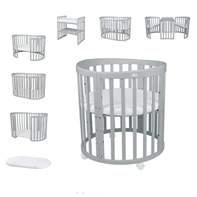 Image of Waldin baby bed 7in1 made of wood with mattress, cot that grows the child, ventilated, adjustable in 5 positions, all inclusive set grey