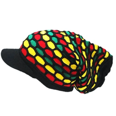 Image of Itzu Black Oversized Rasta Slouch Beanie Cap Hat with Peak