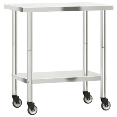 Image of vidaXL Stainless Steel Kitchen Work Table with Wheels Mobile Prep Station for Restaurants/Bars, 82.5x55x85 cm, Silver Storage Shelf