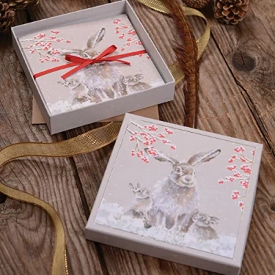 Image of Wrendale Set of 8 Christmas Greetings Cards (LXB009) &#039;Snowfall&#039; Winter Rabbits &amp; Berries Design in Box