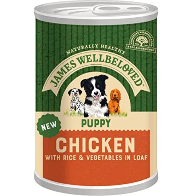 Image of James Wellbeloved Puppy Chicken, Rice and Vegetables in Loaf Can, Hypoallergenic Wet Dog Food (12x400g)