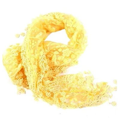 Image of Women Lace Tassel Sheer Metallic Burnt Out Floral Print Triangle Scarf Shawl (Yellow)