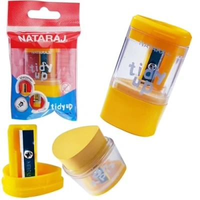 Image of Nataraj Combo Pencil Sharpener with Mess Free Canister and Eraser Tidy up 2 in 1 &amp; Set (Pack of Yellow Body)