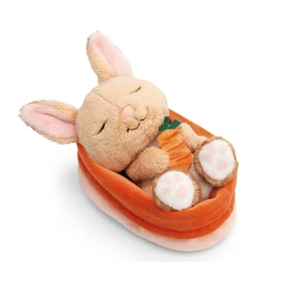 Image of NICI soft toy rabbit with carrot 12cm sleeping in basket brown Fluffy plush, cute to cuddle and play with, for children &amp; adults, great gift idea 61584