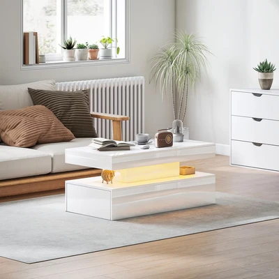 Image of Led Coffee Table with Storage, High Gloss Living Room Table, White Homcom