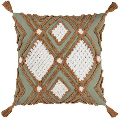 Image of furn. Aquene Tufted Tasselled Filled Cushion Green Cotton One Size