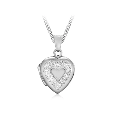 Image of Tuscany Silver Women&#039;s Sterling Rhodium Plated Cubic Zirconia 16 x 25 mm Outline Heart Locket Pendant 1.1 Panza Curb Chain Necklace of Length 46 cm/18 Inch
