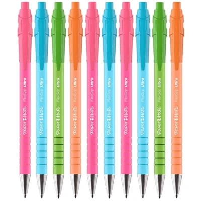 Image of Paper Mate Flexgrip Ultra Retractable Ballpoint Pens Medium Point Blue Ink Bright Retro Barrels Pack of 10