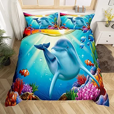 Image of Ocean Duvet Cover Cartoon Dolphin Fish Coral Bedding Set for Kids Boys Girls Sea Animal Print Comforter Underwater World Bedspread Bedroom Collection 3Pcs King Size