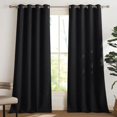 Image of PONY DANCE Thermal Blackout Curtains Energy Saving Top Ring Curtain Panels for Room Darkening Solid Window Drapes Home Decoration, 2 Panels, 55&quot; Width by 96 in Length, Black
