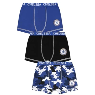 Image of Chelsea Boys 3 Pack Football Club Boxer Shorts Cotton Boxers Multipack Trunks Kids Underwear (5 6 Years) Blue