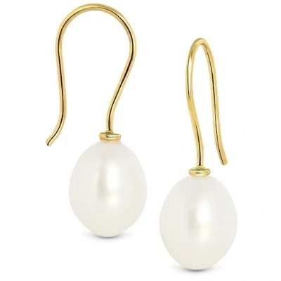 Image of Miore Gold Earrings for Women, Solid 9ct 375 Yellow Fish Hook Drop with White Freshwater pearl 8 8,5mm Handmade in Italy Delivered Jewellery Box