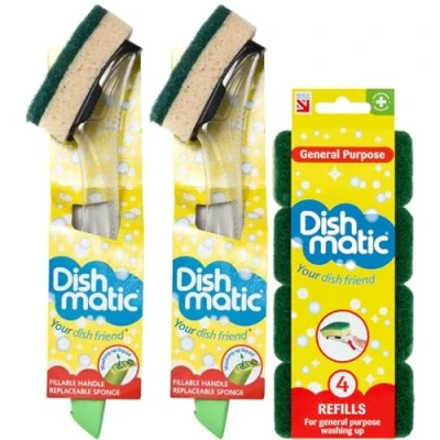 Image of 2X Fillable Washing Up Brush and Sponge Bundle Easy Grip Dish Cleaner with 4X General Purpose Refills