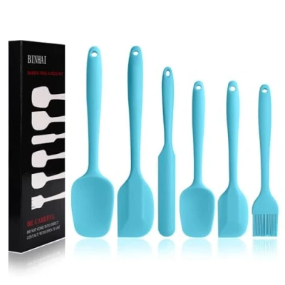 Image of BINHAI Silicone Spatula Set Blue 6 Piece Non Stick Rubber with Stainless Steel Core Heat Resistant Kitchen Utensils for Cooking, Baking and Mixing