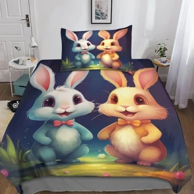Image of GEEYOU Cute Bunny Bedding Comforter Cover Set 3D Animals Duvet 3 Piece Quilt with Pillowcases Zipper Closure Soft Microfiber for Kids Teens Adults Single（135x200cm）
