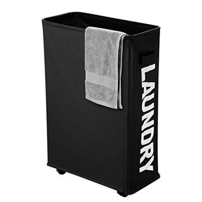 Image of IHOMAGIC Slim Rolling Laundry Basket with wheel, Thin Dirty Clothes Sorter Organizer Collapsible Storage Hamper Bin For Bedroom, Room, 15.3x 7.3x 22.8IN, 41L, Black
