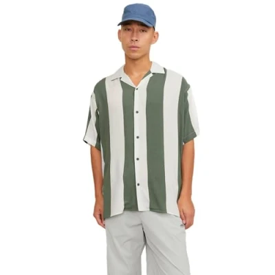 Image of JACK &amp; JONES Men&#039;s Jcojeff AOP Resort Shirt Ss Relax Short Sleeved, Agave Green/Stripes:Stripe, M