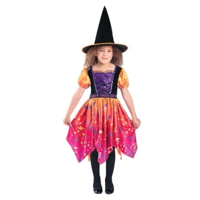 Image of Smiffys Moon &amp; Stars Witch Costume Dress Hat, Orange, Halloween Child Fancy Dress, Up Costumes