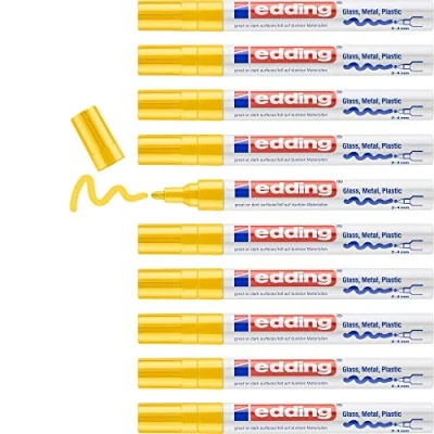 Image of edding 750 gloss paint marker yellow 10 markers round tip 2 4 mm pen for glass, pebbles, wood, plastic, paper waterproof, high coverage