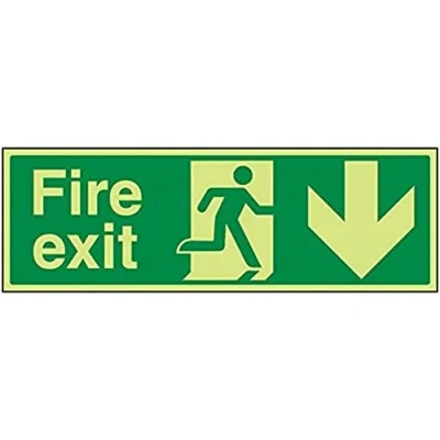 Image of V Safety Glow In The Dark Fire Exit Arrow Down Sign 450mm x 150mm Rigid Plastic