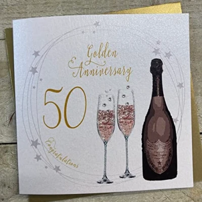Image of white cotton cards Golden, Handmade 50th Wedding Anniversary Card (Green Bottle, Code A50)
