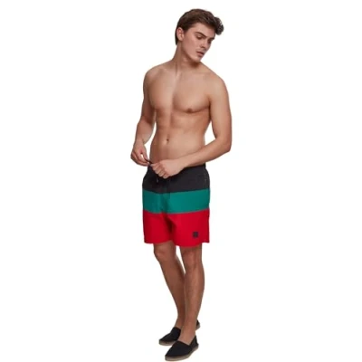 Image of Urban Classics Men&#039;s Color Block Swimshorts Swim Shirt, Multicoloured (Firered/Black/Green 01318), S