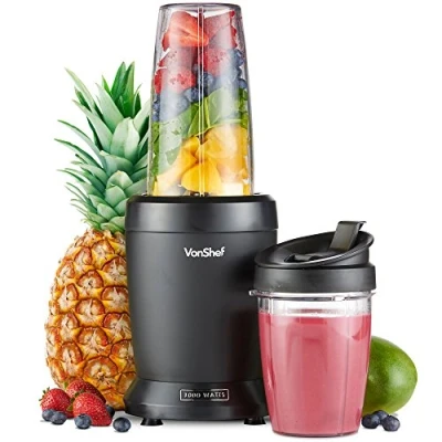 Image of VonShef Blender Smoothie Maker Mini for Fruit, Vegetables and Crushing Ice, 1000W, w/ 500ml &amp; 800ml Portable Cups, 1 Button Control Black