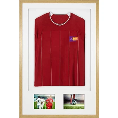 Image of Vivarti DIY Adult 3D Mounted + Double Aperture Sports Shirt Display Frame for Football Shirt, Rugby Band T Shadow Box 61 x 91.5cm Oak Frame, White Mount, Backing Card