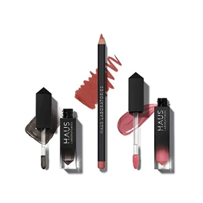 Image of HAUS LABORATORIES By Lady Gaga: OF COLLECTIONS Makeup Kit with Bag, Liquid Eyeshadow, Lip Liner Pencil, and Gloss Available in 9 Sets, Vegan &amp; Cruelty Free 3 Piece Value Set