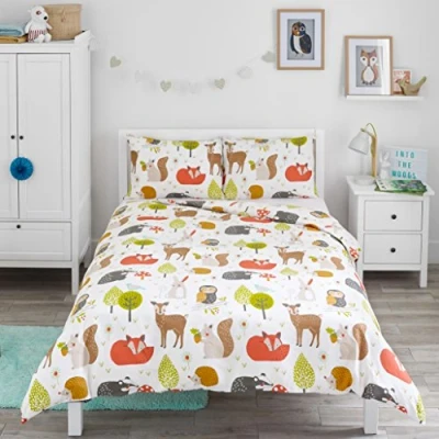 Image of Bloomsbury Mill Kids Double Duvet Set Bedding for Boys and Girls Woodland Animals Childrens Bed Cover with 2 x Pillow Cases 200x200cm