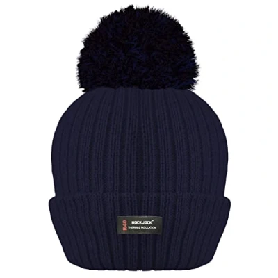 Image of RockJock R40 Ladies Womens Winter POM Ribbed Beanie HAT with Advanced Thermal Insulation 4 Navy