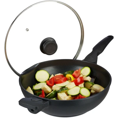 Image of Relaxdays Wok Stir Fry Pan with Glass Lid 30 cm, Suit, Non Slip, 4 L, Black Handles
