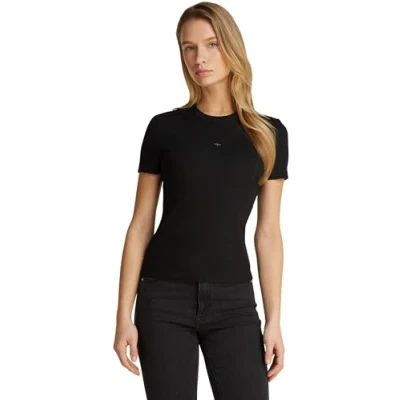 Image of Calvin Klein Women’s Short Sleeve Woven Label Slim Fit Rib T Shirt, Black (Ck Black), XL