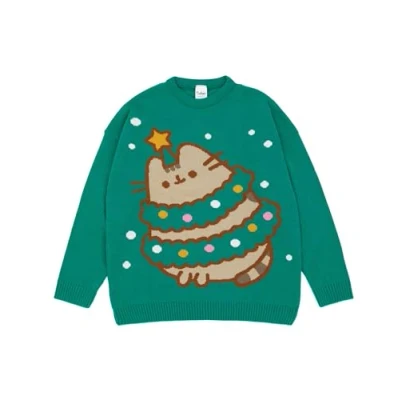 Image of Pusheen Womens Christmas Jumper in Green Long Sleeve Graphic Knitted Sweater for Adults Warm The Cat Festive Holiday Knitwear Top Pullover Knit Merchandise Gift Her