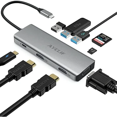 Image of USB C Hub, AYCLIF 9 Ports Type Adapter with Power Delivery, Gigabit Ethernet Port, 4K HDMI, 2 3.0 Ports, 1 2.0 SD/TF Card Reader for MacBook Pro, HP, Dell