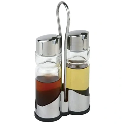 Image of APS ECONOMIC Glass Menage with stainless steel cover and non drip spout, 11.5 x 5.5 22 cm