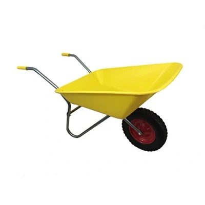 Image of YELLOW PLASTIC WHEELBARROW WITH RED METAL CENTRE PUNCTURE PROOF PU WHEEL 85 LITRE