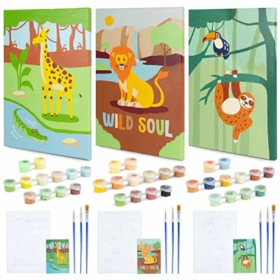 Image of BONNYCO Paint by Numbers for Children Jungle, Pack 3 Canvases Animal Gifts Kids, Craft Kits Girls Boys Toys Painting Children,