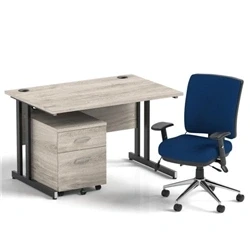 Image of Impulse 1200 Desk Grey Oak/Black Cantilever 2 Dr Mobile Ped Blue Chair