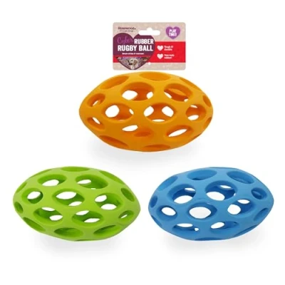 Image of Rosewood Rubber, Tough Chew Resistant, Lattice Rugby Ball Dog Toy, Assorted Colours