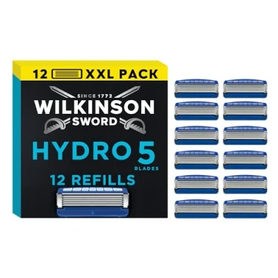 Image of WILKINSON SWORD Hydro 5 Razor Blades For Men Blades, Carbon Coated, Hydrating Gel &amp; Precision Trimmer, Pack of 12 Blade Refills